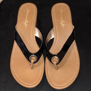 Black and Tan Wedge Sandals